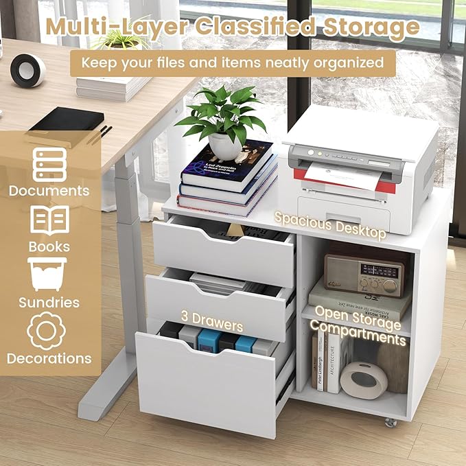 Giantex 3 Drawer File Cabinet, Office Storage Cabinet Fits Files Letter, A4, Legal Size, Rolling Printer Stand with Adjustable Shelf, Office Organization and Storage, Lateral Filing Cabinet (White)