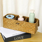 Seagrass Storage Basket with Lid, 3-Section Wicker Storage Baskets, Toilet Tank Toilet Paper Basket Holder, Handwoven Wicker Baskets, for Shelves Bathroom Closet Kitchen Organizing, 12.6x4.8x4.3 in