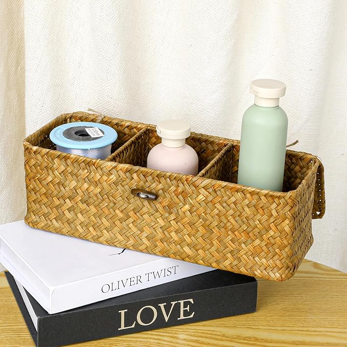 Seagrass Storage Basket with Lid, 3-Section Wicker Storage Baskets, Toilet Tank Toilet Paper Basket Holder, Handwoven Wicker Baskets, for Shelves Bathroom Closet Kitchen Organizing, 12.6x4.8x4.3 in