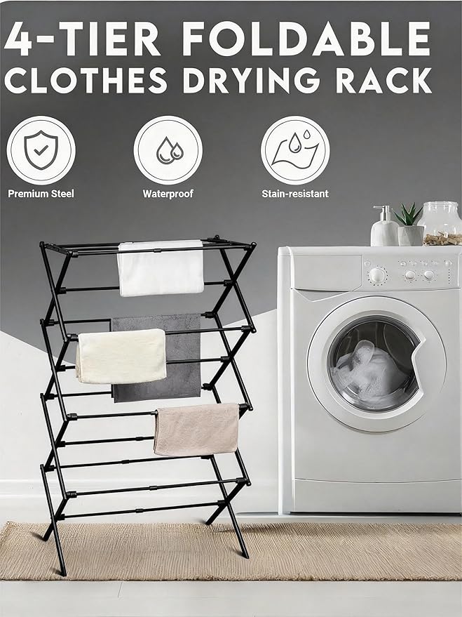 4-Tier Clothes Drying Rack, 4ft High Foldable Drying Rack Clothing for Indoor & Outdoor, Portable Collapsible Laundry Dryer for Laundry Room and Apartment, Black 29" L x 49" H x 11.5" W