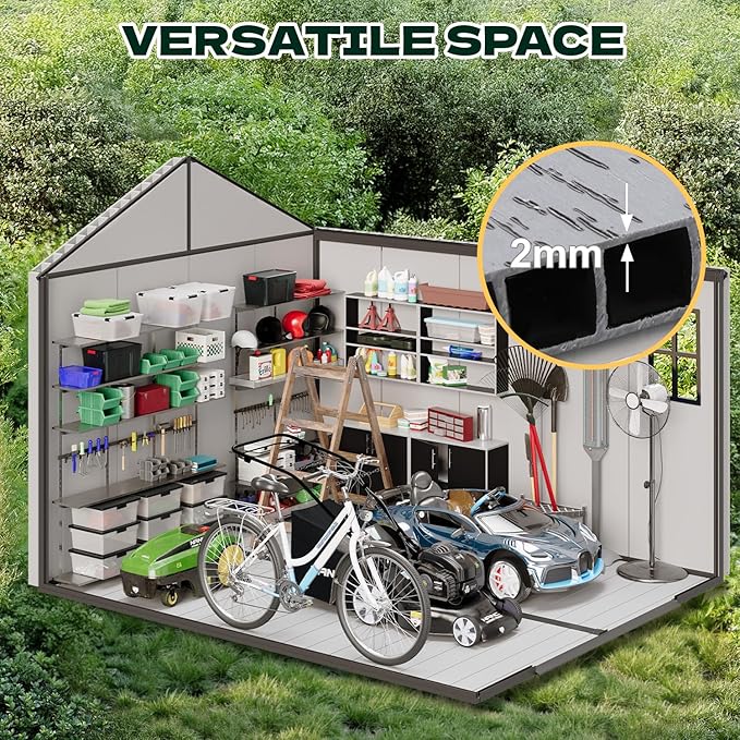 8 x 10 FT Plastic Outdoor Storage Shed with Floor, Resin Storage Tool Shed with Windows and Lockable Door, Outdoor Garden Shed for Lawnmower, Bike, Pool Supply