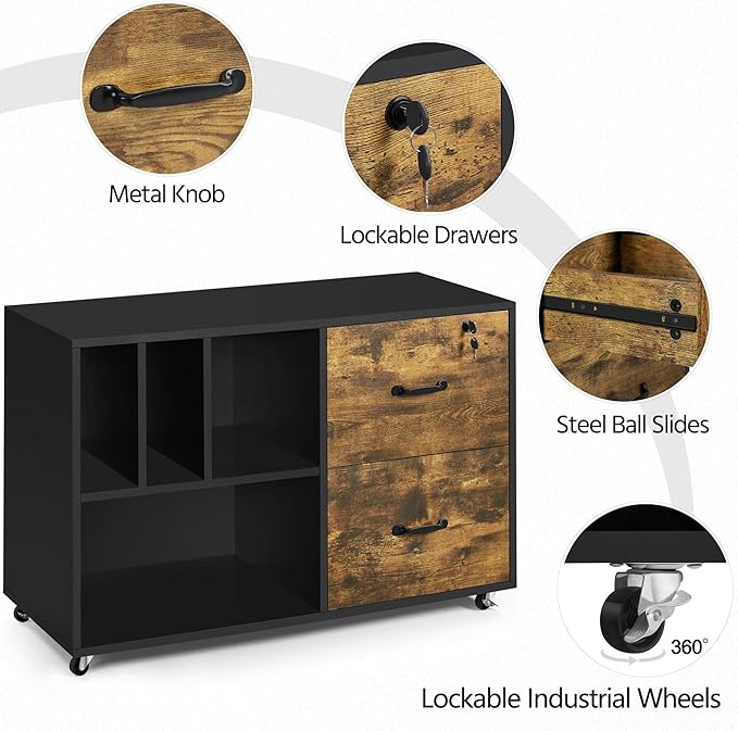 Yaheetech File Cabinets Large Rolling Filing Cabinet Printer Stand on Wheels for Home Office,with 4 Open Storage Shelves,Letter Size A4 Size,Black/Rustic Brown