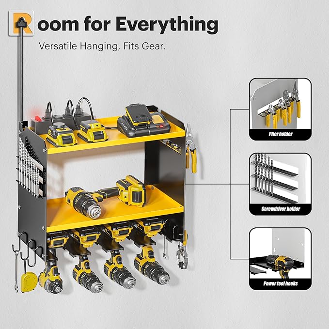 Power Tool Organizer Wall Mount with Charging Station, Tool Battery Holder with 4 Outlet Power Strip15 Min Assembly & Maximum 100lb Load by Heavy Duty Metal, 4 Slots for Cordless Drill