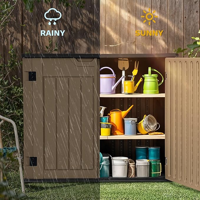 DWVO 35 Cu Ft Outdoor Horizontal Storage Shed w/o Shelf, 39 in Height Storage Sheds Lockable and Waterproof, Weather Resistant Resin Tool Shed for Storing Garden Tools, Brown