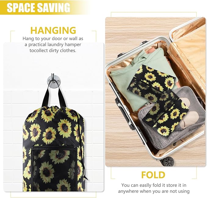 Laundry Bag Backpack, 2PCS Extra Large Travel Laundry Bag with Mesh Pocket & Adjustable Shoulder Straps,Dirty Clothes Travel Bag for College Students Dorm,Apartment(Sunflower)