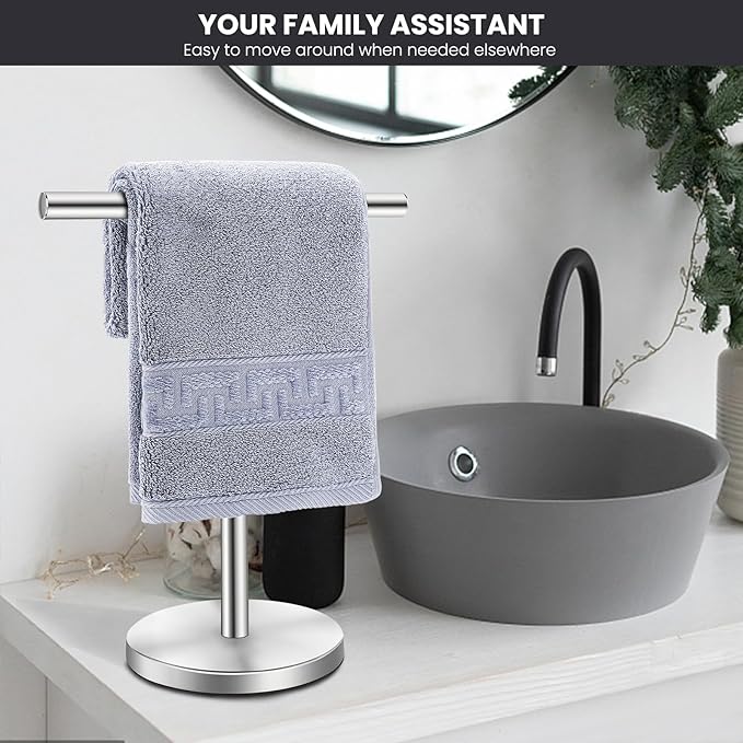 T-Shape Bath Hand Towel Holder Stand, Stainless Steel Free Standing Hand Towel Rack, for Bathroom Kitchen & Countertop, Silver