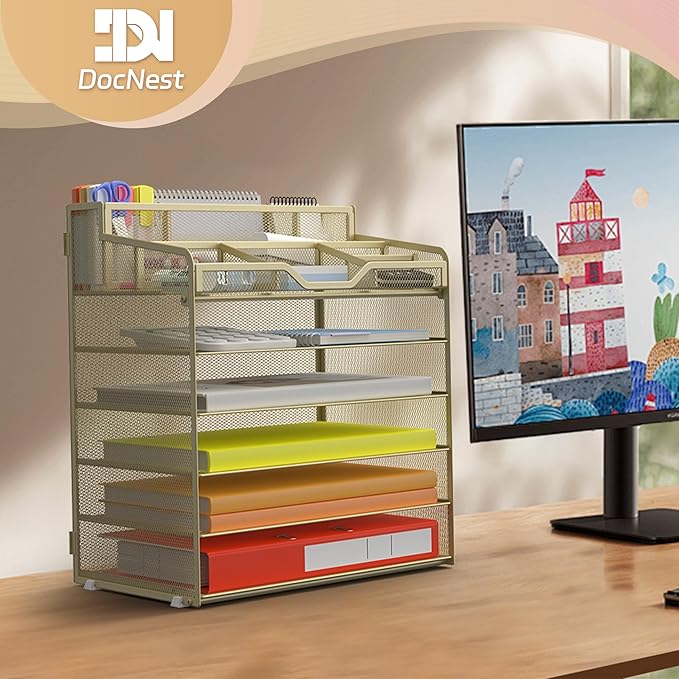Docnest 6 Tier Mesh Desk Organizer for Paper Office Supplies – Multi-Functional Letter Tray with 5 Adjustable Compartments, 8 Pen Holders, Desktop Storage for Files, Mail, Stationery – Gold