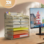 Docnest 6 Tier Mesh Desk Organizer for Paper Office Supplies – Multi-Functional Letter Tray with 5 Adjustable Compartments, 8 Pen Holders, Desktop Storage for Files, Mail, Stationery – Gold