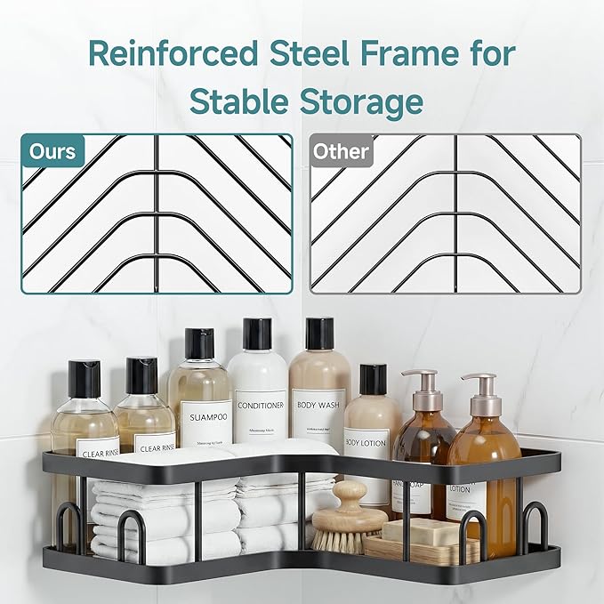 Veken Corner Adhesive Shower Caddy 4-Pack with Soap Holder&Hooks,No Drilling Shower Shelves,Rustproof & Waterproof Bathroom Organizers and Storage,Rack for Small Spaces, Kitchen&Rental-Friendly,Black