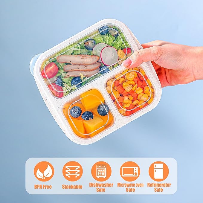 Bento Box For Kids, 4 Pack 3 Compartments Meal Prep Containers Reusable Lunch Containers, Food Storage Containers With Lids, Stackable Snack Boxes for School, Work, and Travel