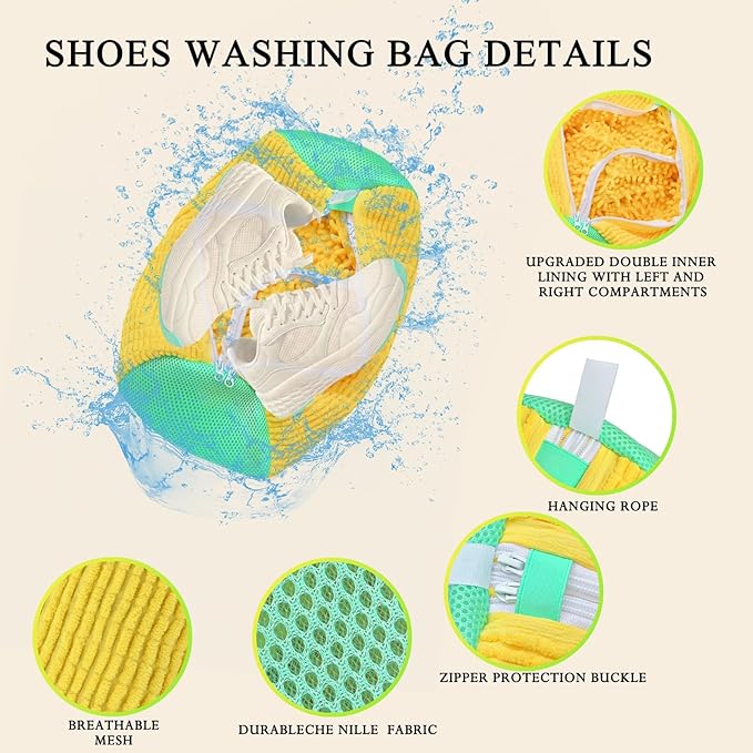 Dual Shoe Washing Machine Bag Holds 2 Shoes,Reusable Laundry Shoe Bag for Washer and Dryer 360° Deep Cleaning,Shoe Cleaning Bags with Built-in Brushes for Sneaker Tennis Shoes Drying Bags (Yellow)