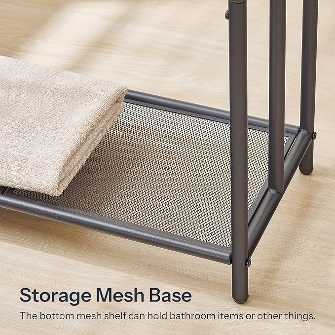 HOOBRO Free Standing Towel Rack for Bathroom, 25.2" L x 11.4" W x 39.4" H, 3-Tier Blanket Rack Stand with Bottom Mesh, Freestanding Quilt Stand with Adjustable Feet, Industrial Style, Black BK09LB01