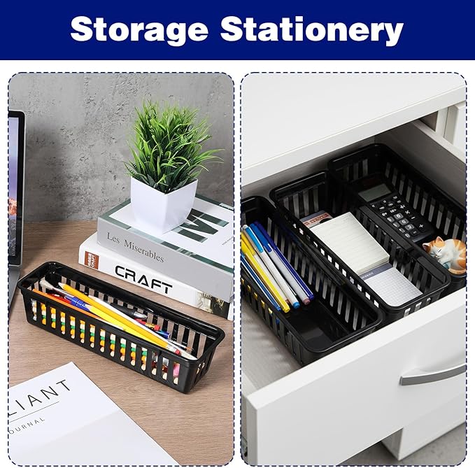 24PCS Slim Storage Baskets Tray, 10x3x2.4 Inch Flat Plastic Storage Bin, Stackable Narrow Rectangular Desk Drawer Organizer Trays for Makeup Bathroom Kitchen Office Desktop Supplies(Black)