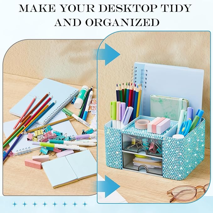 Blue Bling Desk Organizer with 2 Drawer, Sparkly Makeup Organizer for Vanity, Girly Desk Accessories, Rhinestone Pen Holder, Elevate Your Workspace with Blue Serenity (Diamond)