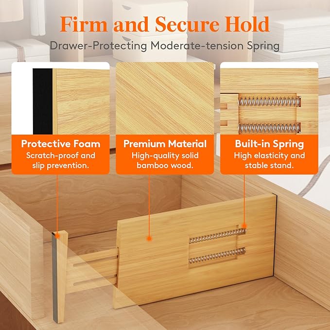 Lifewit 5" High 6 Pack Bamboo Drawer Dividers 33-42cm/13-16.5" Adjustable Wooden Drawer Organizer for Clothes/Utensils, Expandable Drawer Separator for Dresser/Kitchen/Bedroom/Office Organization