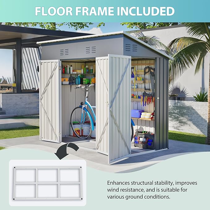 4x8 FT Outdoor Storage Shed,Slope Roof Storage Metal Garden Shed Steel with Reinforced Beams,All Weather Waterproof Garden Tool House W/Lockable Door & 4 Air Vents,for Backyard,Patio,Lawn,Grey