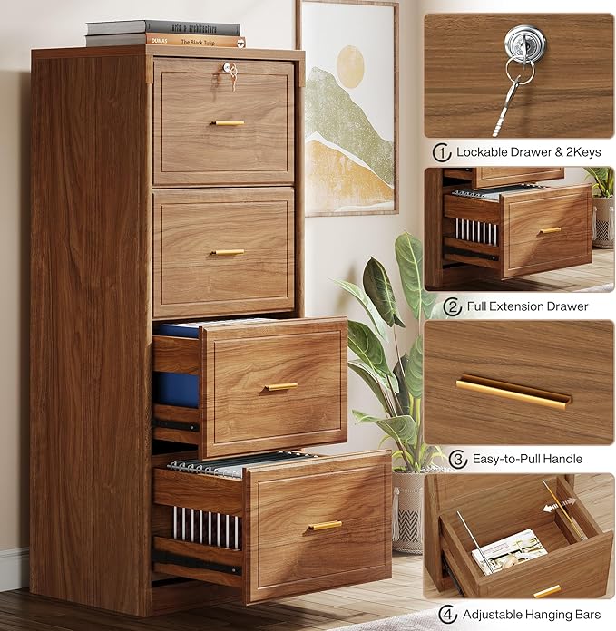 Tribesigns 4-Drawer File Cabinet with Lock, Locked File Cabinet with Key, Tall Wooden Filing Cabinets for Home Office, Vertical Office Storage for Legal Size/Letter/A4/Files, Brown (2 Pieces)