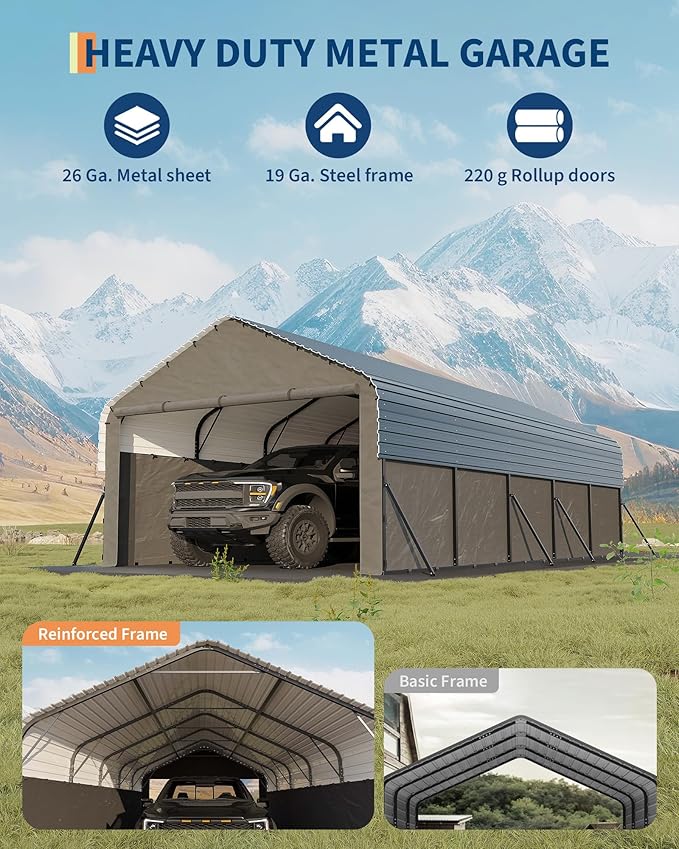 Garvee 12'X24'X9' Metal Carport, Enclosed Car Ports with Heavy Duty Steel Frame and 220 g Tarp, All-Weather Carport for Full-Size Pickup Trucks, Bass Boats, and Tractors