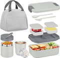 Bento Lunch Box Set with 10.5oz Soup Thermo Food Jar for Adults Kids, Stainless Steel Leak-proof Lunch Container with 4 Compartment, Coffee Tumbler with Lunch Bag for School Travel Office-Grey