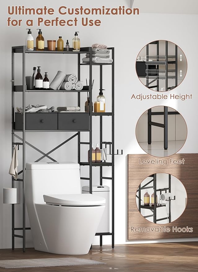 Over The Toilet Storage with 2 Drawers - 7 Tier Bathroom Organizer with Adjustable Shelf, Freestanding Space Saver Storage Rack Above Toilet Stand with Hooks for Small Restroom, Laundry(Black)