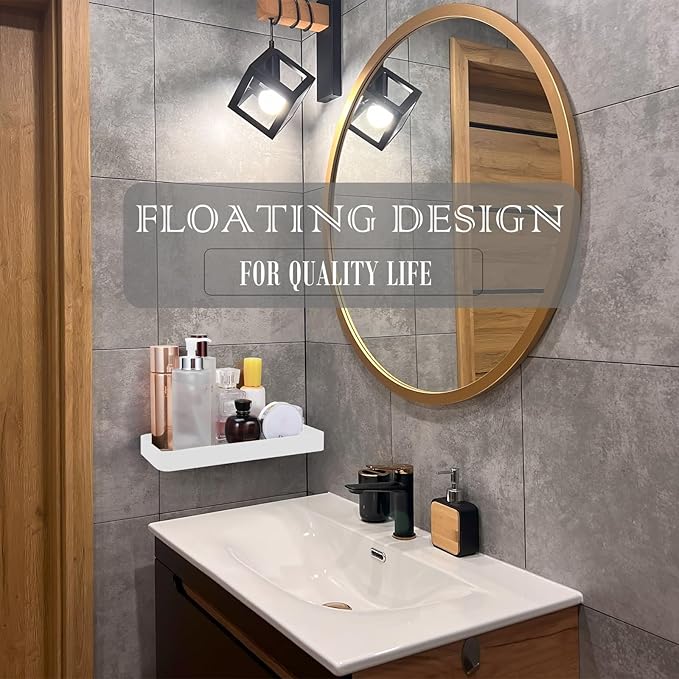 Z metnal Small Glass Bathroom Shelves, Floating Shelf, Mini Wall Shelf for Bathroom Organizer, Wall Mounted, White, 12 inch / 30cm