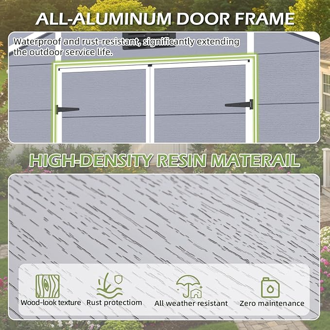8 x 10 FT Plastic Tool Shed, All-Weather Resin Outdoor Storage Shed with Floor, Lockable Doors & Windows, Plastic Garden Shed for Poolside, Backyard, Patio