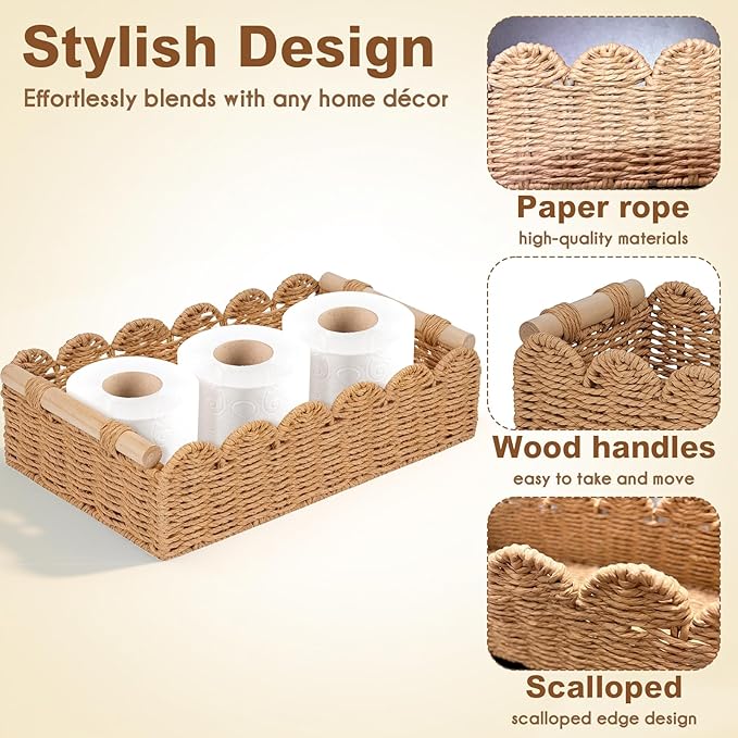 Set of 2 Paper Rope Scalloped Edge Decor Baskets, Small Storage Basket and Toilet Paper Basket for Toilet Paper Storage, Bathroom, Living room, Bedroom & More, 2 Wooden Handles, Neutral