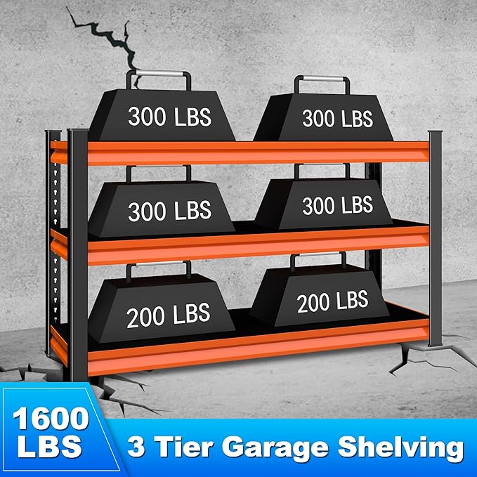 3-Tier Garage Shelving Heavy Duty,48" W Metal Shelving Unit for Garage,1600lbs Load Capacity Utility Rack Shelves & Shelves,48" W x 18" D x 39" H(Red)