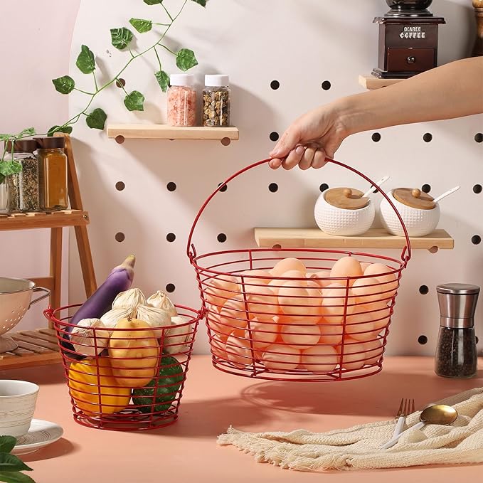 Colorful Metal Mesh Wire Egg Collecting Basket with Handle Portable Garden Vegetable Fruit Storage Lightweight Hanging Collector for Farmhouse Gathering Kitchen Picnic (Red, Normal - 8")