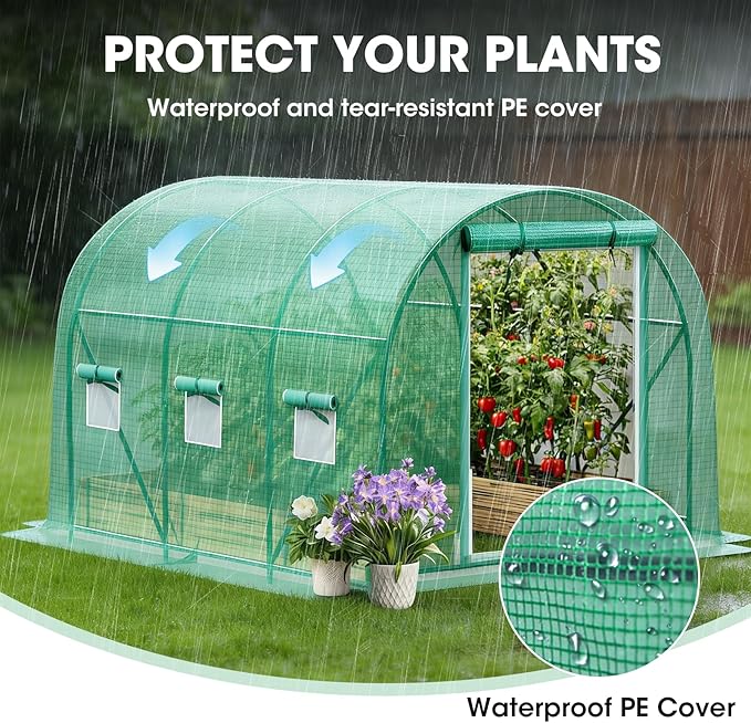 Grezone Walk-in Greenhouse Upgraded Green House with Dual Zippered Screen Doors & 6 Screen Windows Heavy Duty Plastic Plant Warm House with Reinforced Frame (10x7x7 FT)