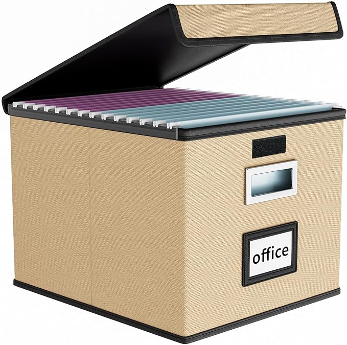 Huolewa File Organizer Box with Lid, Collapsible File Folder Organizer for Office Document Storage, Filing Box with Plastic Slide for Letter Size Hanging File Folders(1 Pack, Brown)