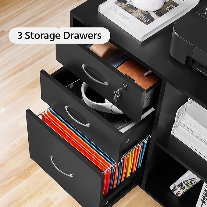 Yaheetech Black File Cabinet with Lock for Letter, A4 Size,3 Drawer Lateral Cabinet Printer Stand with Open Storage Compartments for Home Office, Black
