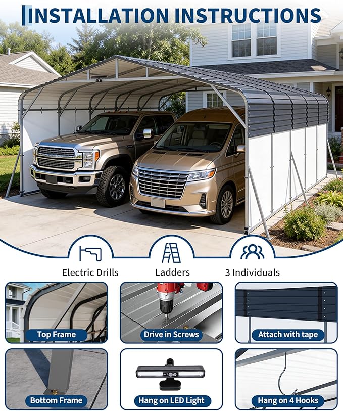 20x25FT Heavy Duty Metal Carport,Outdoor Portable Car Garage w/Led Light,Removable PE SideReinforced Base & Galvanized Steel Roof, Outdoor Car Port Canopy Shelter for Boats, Trucks