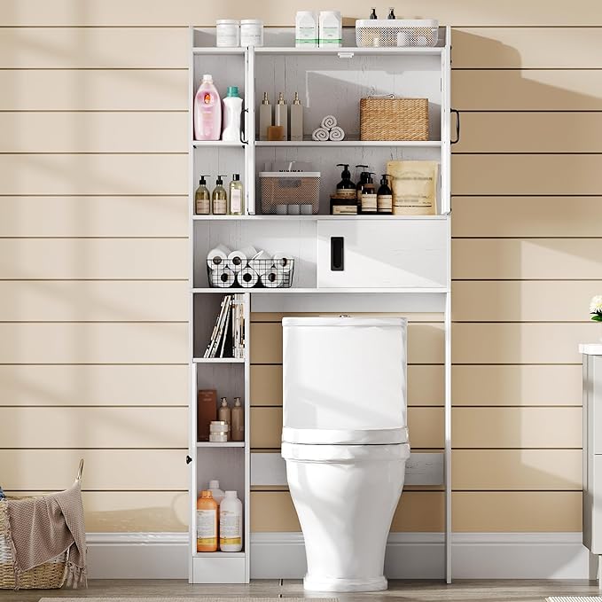 ChooChoo Over The Toilet Storage Cabinet, Farmhouse Bathroom Shelf Over Toilet with Adjustable Shelves, Above Toilet Storage Cabinet with Sliding Door for Bathroom, Laundry Room, Antique White
