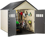 Rubbermaid Resin Outdoor Storage Shed With Floor (7 x 10.5 Ft) Weather Resistant, Brown Gable, Organization for Home/Backyard/Garden Tools/Lawn Mower/Bike Storage/Pool Supplies