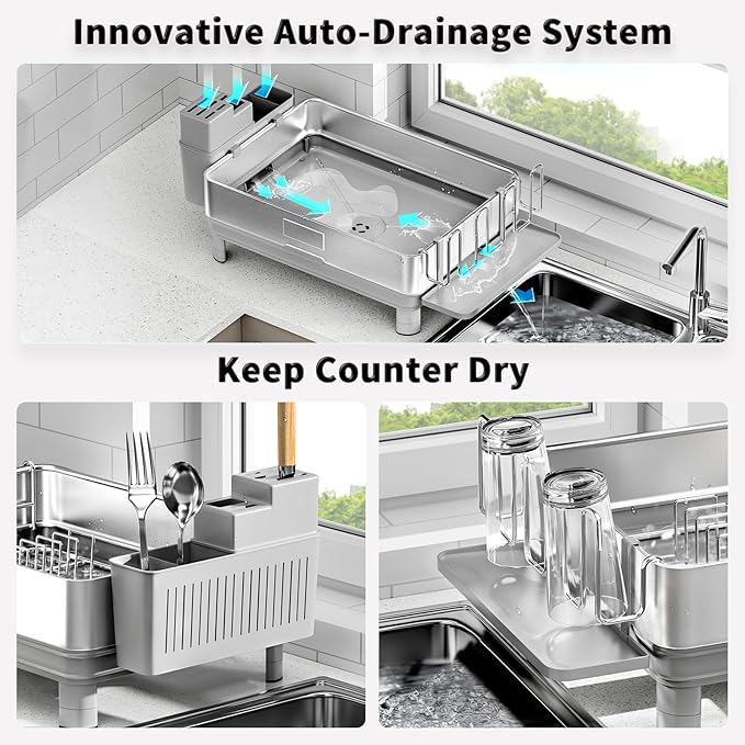 Ewaiira Dish Drying Rack, 304 Stainless Steel Dish Racks for Kitchen Counter, Dish Drainers with Automatic Drainage, Utensil Holder & Cups Holder, Space Saving Kitchen Organizer, Gray