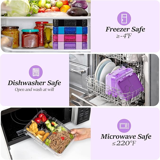 Bento Lunch Box for Kids, Plastic Lunch Box Case, 5/6 Tritan Compartments, BPA free, Ideal Portion Sizes for On-the-Go Meal, Shiny Purple and Clear