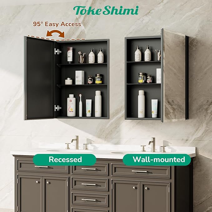 TokeShimi 14 x 24 Medicine Cabinet with Mirror, Assembly Required, Black Recessed Bathroom Medicine Cabinet with Tempered Beveled Mirror, Stepless Adjustable Shelves, DTC Hinge