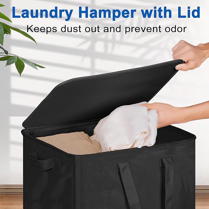 Slim Laundry Hamper with Lid and Wheels, Small Rolling Laundry Basket with Handle for Small Spaces, Tall Dirty Clothes Hampers for Dorm, Bathroom and Bedroom, 95L Black