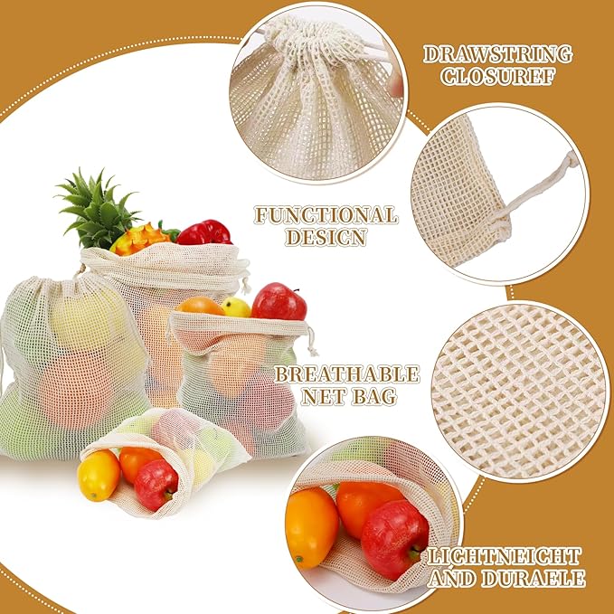 CEYAZYE 16 Pack Reusable Produce Bags, Mesh Vegetable Grocery Bag Washable, 100% Cotton Drawstring Net Storage Bags for Refrigerator, Shopping, Veggies and Fruits, Beach, Transporting, (4 Size)