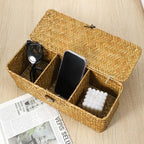 Seagrass Storage Basket with Lid, 3-Section Wicker Storage Baskets, Toilet Tank Toilet Paper Basket Holder, Handwoven Wicker Baskets, for Shelves Bathroom Closet Kitchen Organizing, 12.6x4.8x4.3 in