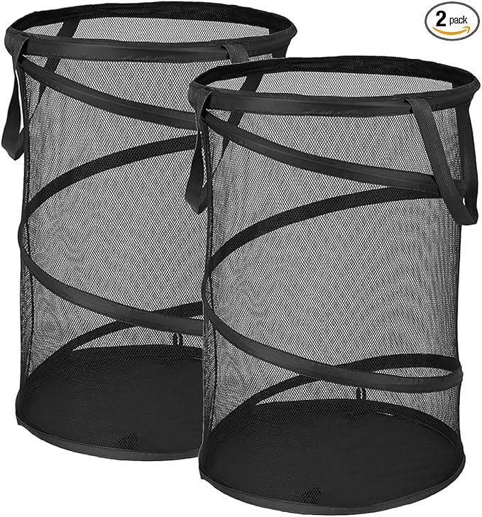 Pop Up Hamper for Laundry Mesh Collapsible Laundry Basket | Large Clothes Hamper - Black 16"L x 16"W x 24"H (Pack of 2)