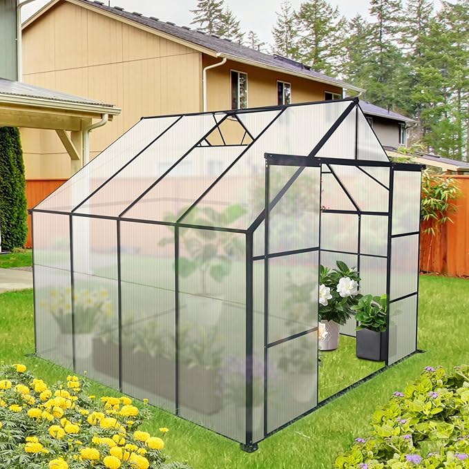 8X8 FT Outdoor Greenhouse, Greenhouse Polycarbonate with Roof Vent, Sliding Lockable Door, Aluminum Walk-in Greenhouses for Outdoor Garden Backyard, Terrace, Lawn，Black