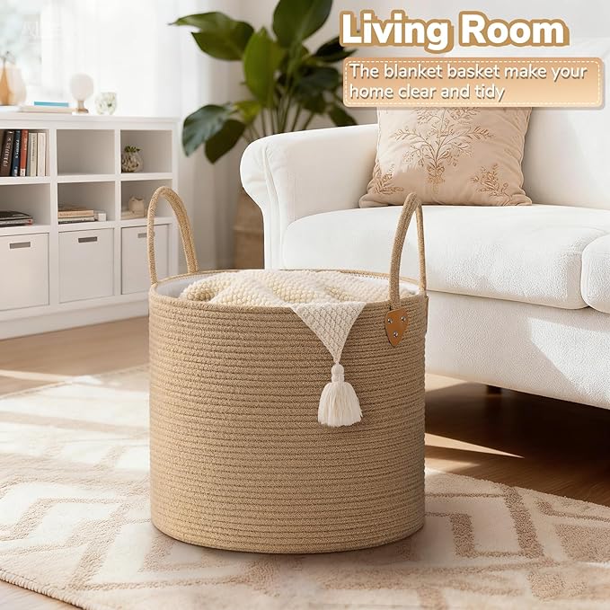 CHICVITA 50L Blanket Basket Living Room, Wicker Laundry Baskets for Home Decor, Baby Toy Basket with Handles, Large Nursery Hamper for Blankets Towels Clothes, 16" X 16" X 14", Jute Brown
