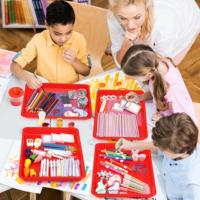 Maitys 15 Pcs Flat Plastic Trays 16.1 x 11.8'' Sensory Storage Paper Tray Stackable Classroom Bins for Office Home Organizer Crafts Supplies(Red)
