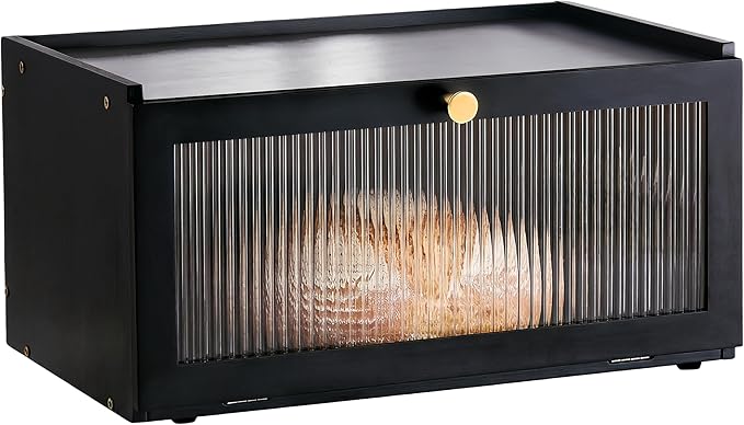 Black Bread Box for Kitchen Countertop - Modern bamboo Bread box with Window Bread Storage Container