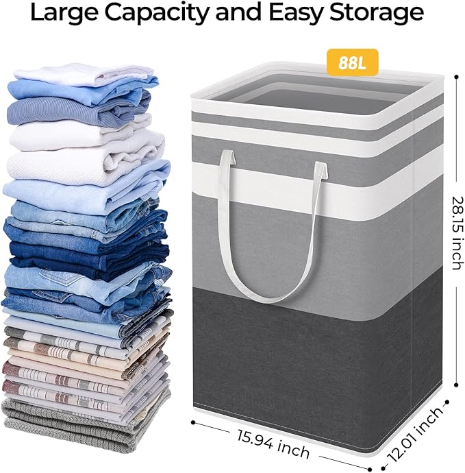 HomeHacks 3-Pack Large Laundry Basket, Waterproof, Freestanding Laundry Hamper, Collapsible Tall Clothes Hamper with Extended Handles for Clothes Toys in the Dorm and Family-(Gradient Grey, 88L)