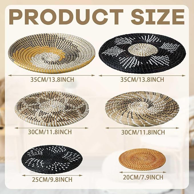 Xuhal 8 Pcs Boho Wall Basket Decor Decorative Bulrush Woven Basket Wall Decor Rustic Farmhouse Hanging Baskets for Kitchen Rustic Home Summer Decorations(Vintage)