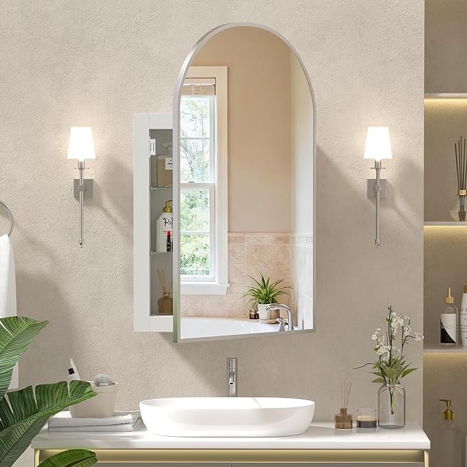 Recessed Medicine Cabinet for Bathroom,Brushed Nickel Arched Medicine Cabinet with Mirror,Arch Mirrored Medicine Cabinets Recessed,Bathroom Mirror with Storage,Open from Left to Right 16x26