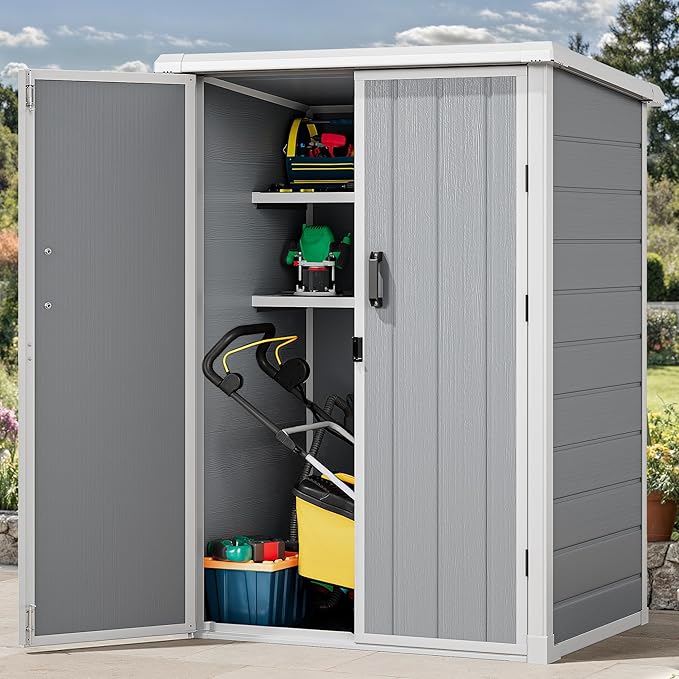 DWVO 5X3FT Outdoor Vertical Storage Shed with 2 Shelves, 60 Cu Ft Waterproof Resin Garden Shed with Floor & Lockable Door, Plastic Tall Tool Cabinet for Garbage Can, Lawn Garden Supplies, Gray